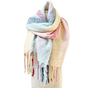 Renne's NYC Women's Soft Plush Scarf in Pastel Rainbow Rectangle Scarf w/ Fringe